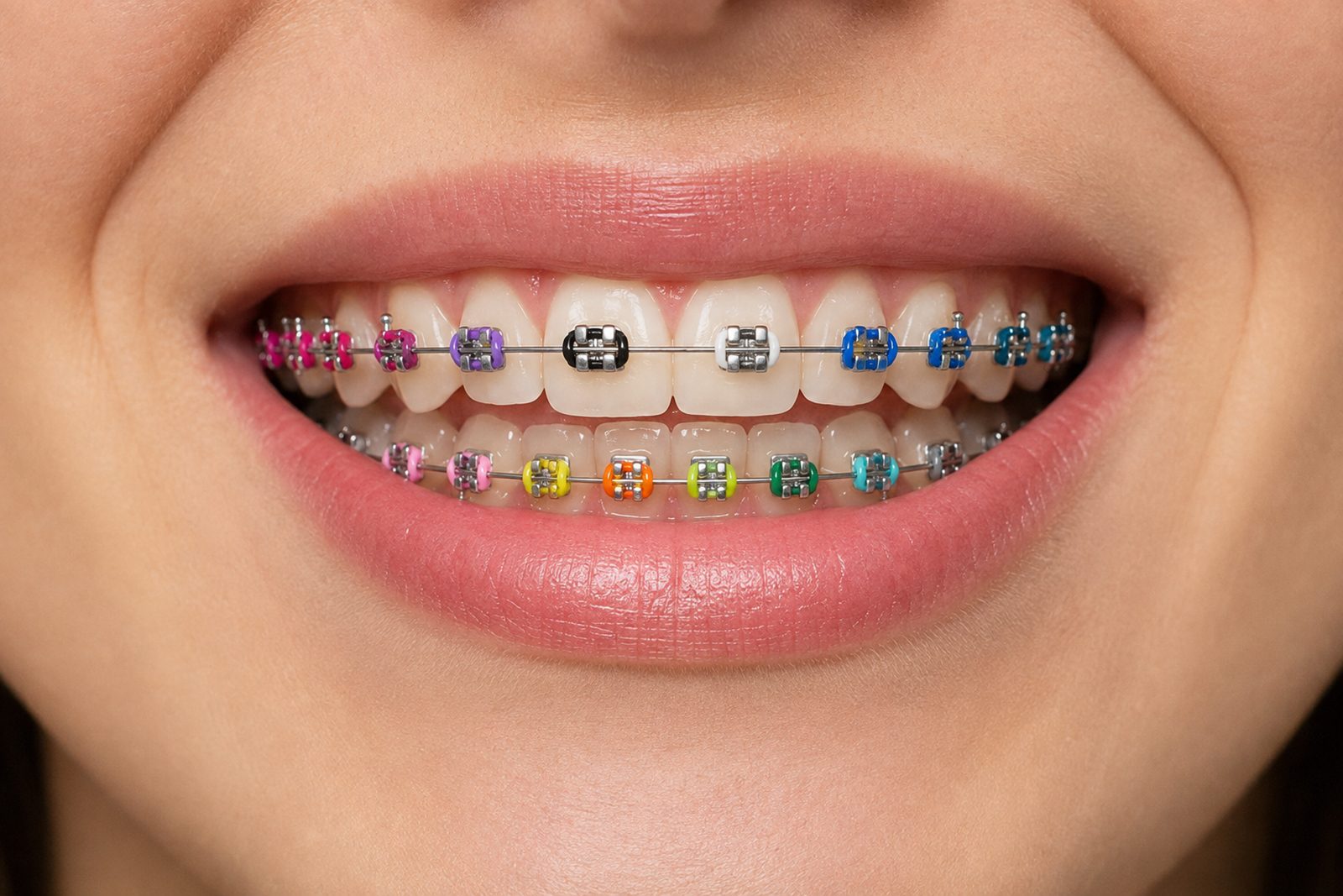 Cauchitos de varios colores puestos sobre brackets metálicos, en una boca real