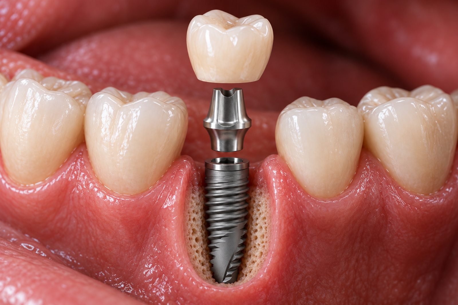 Implante dental con su corona encima, entre dos dientes naturales