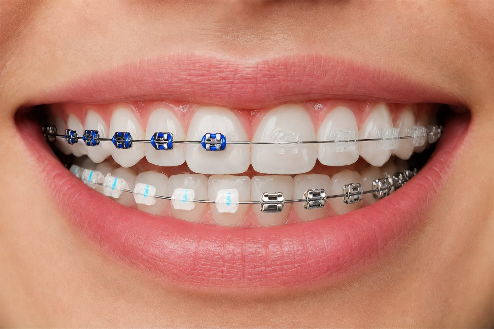 La misma boca con brackets metálicos en un lado y cerámicos en el otro, arriba y abajo